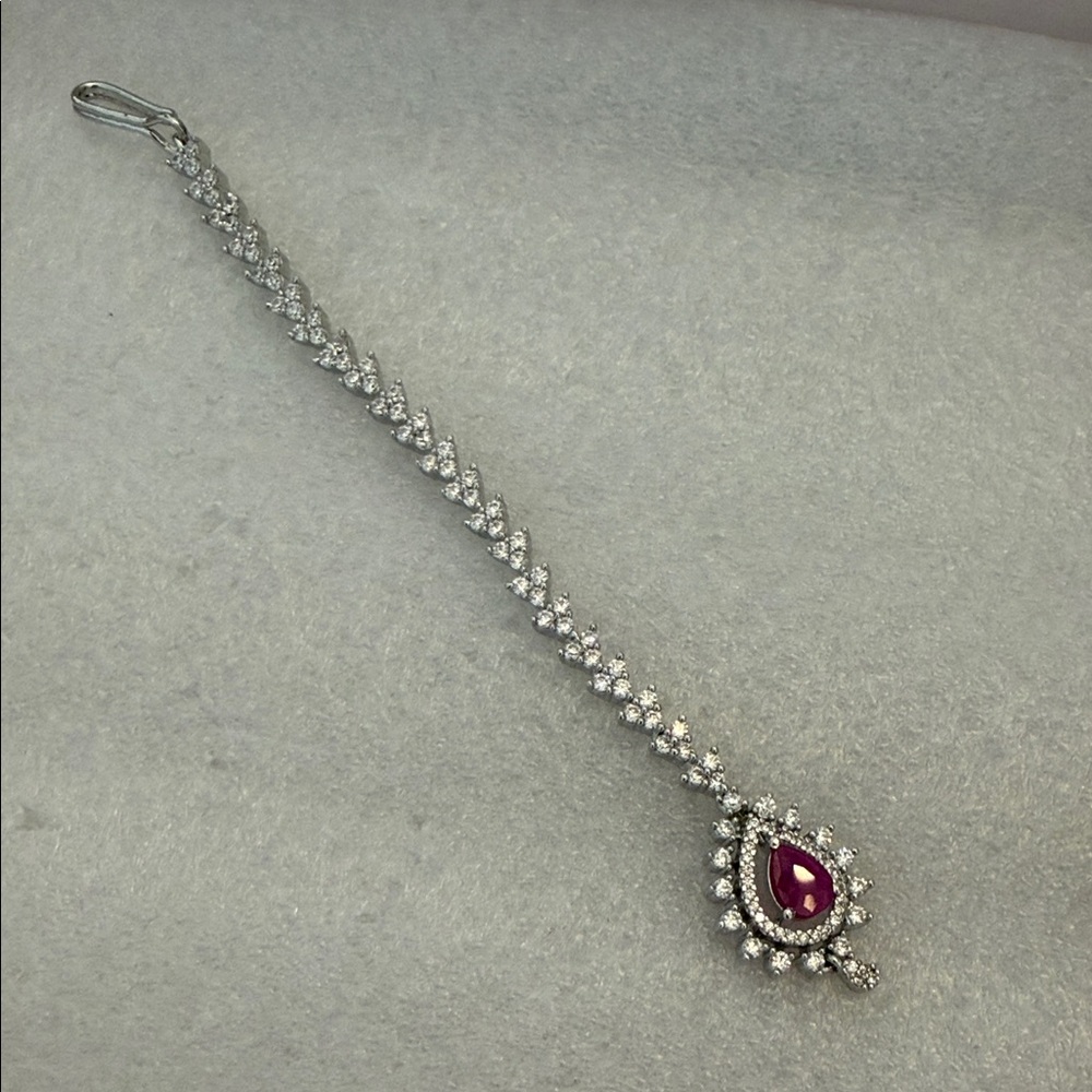 Silver White Maangtikka with Teardrop Rubi Center Stone - Women Jewelry